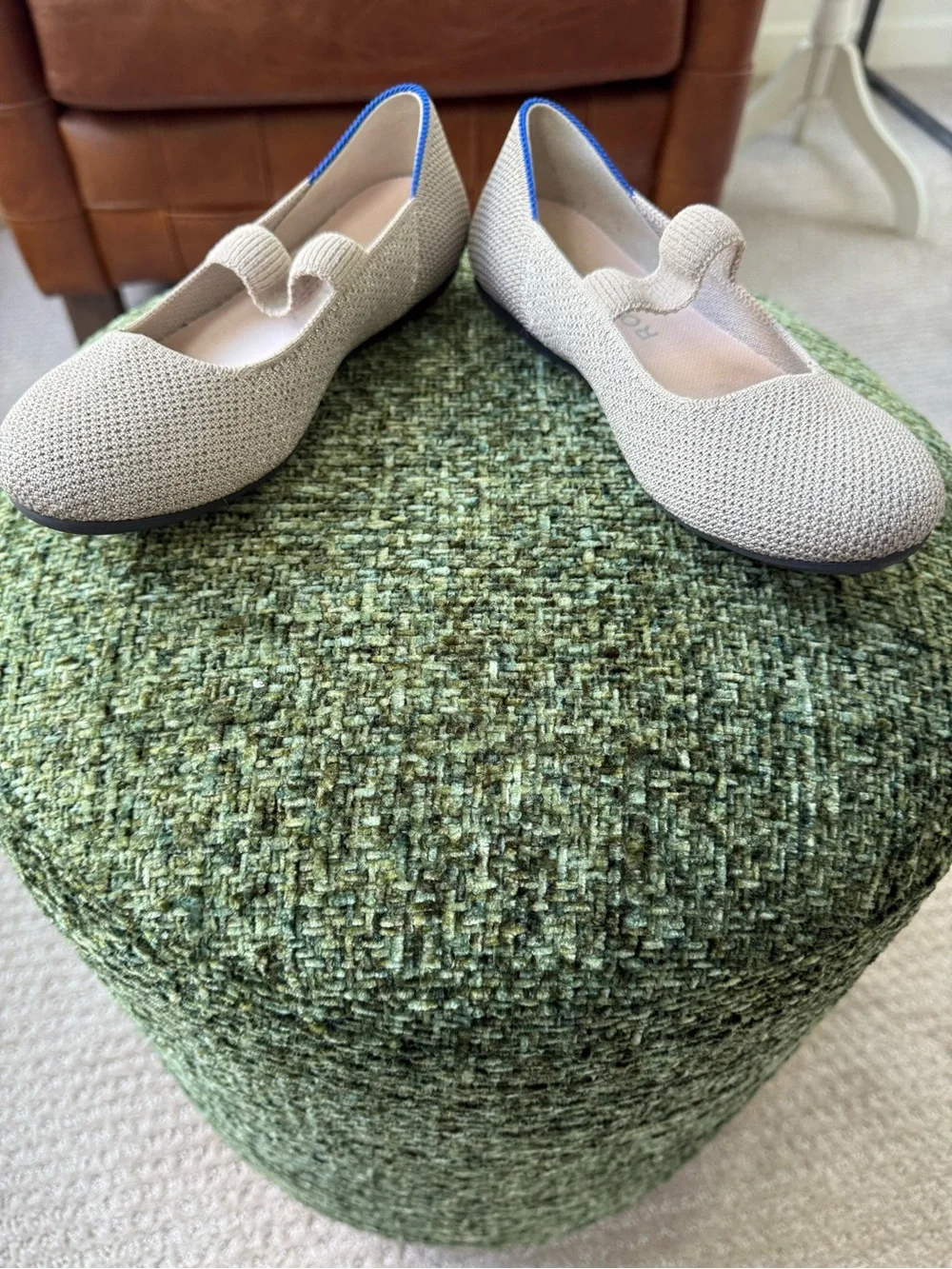 Rothy's Beige Knit Mary Jane with Blue Trim for Kids
